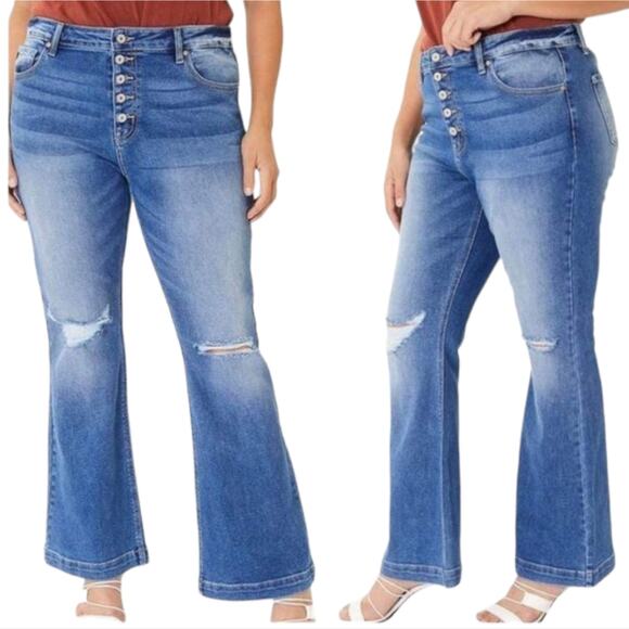 Kancan Flirting With A Stranger Plus Size Denim Distressed Flare Button Jeans - Picture 1 of 16